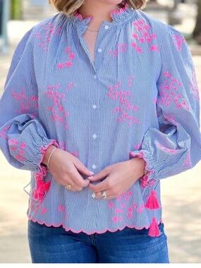 VILAGALLO pin striped, embroidered, button down top. Costal grandma, colorful